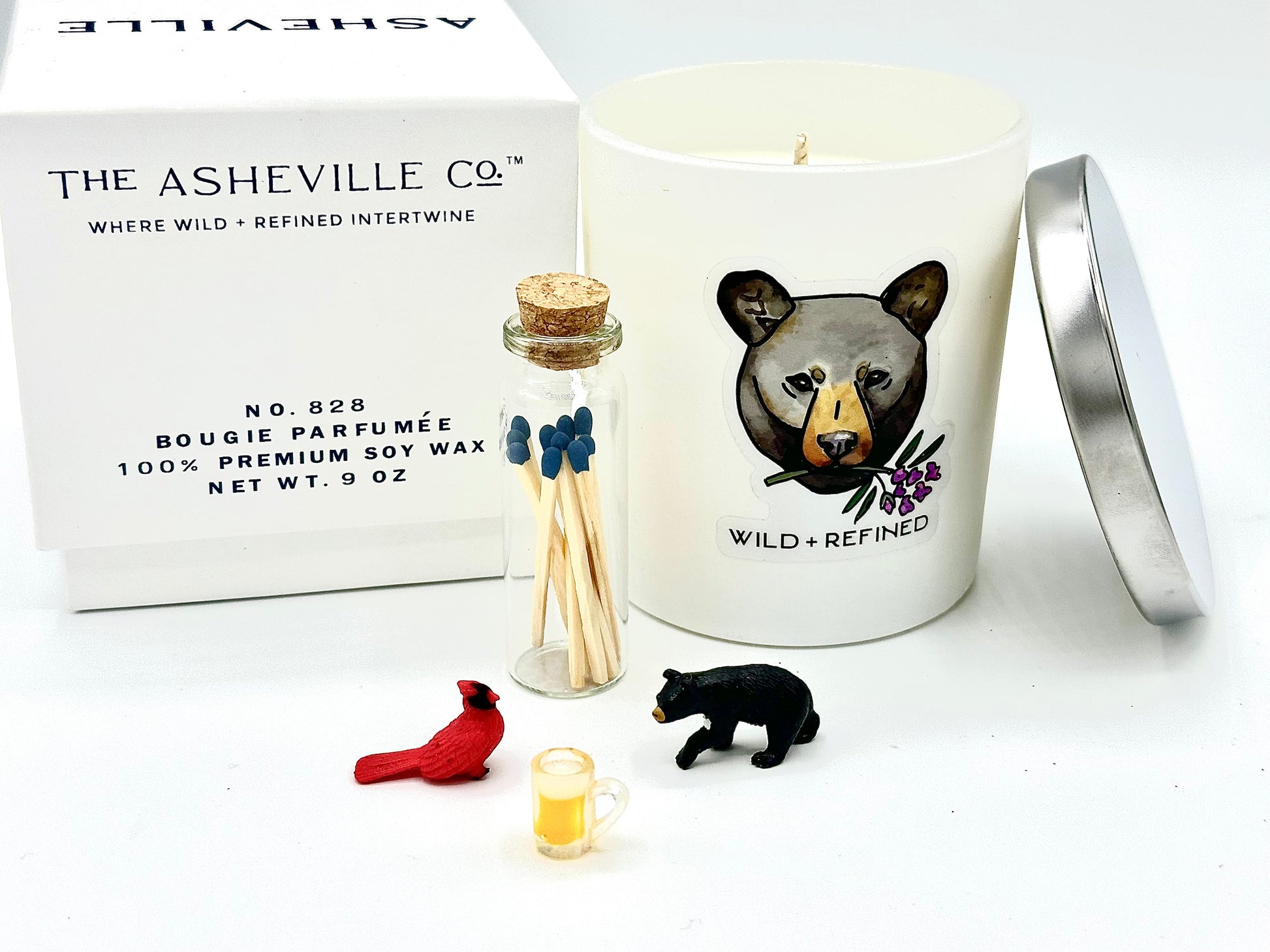 ASHEVILLE Signature Luxury Candle with gift box and matches and black bear, cardinal and beer mug