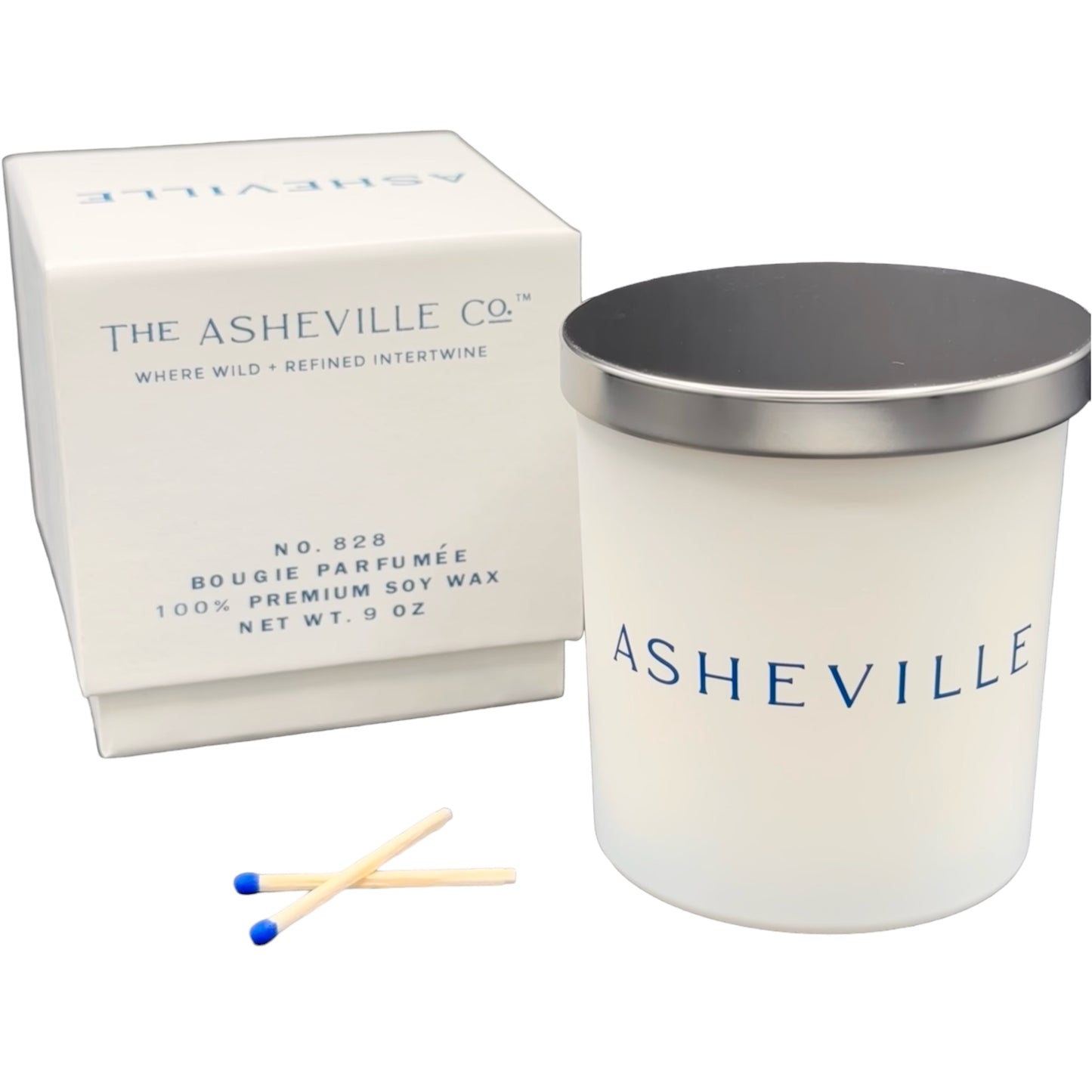 ASHEVILLE Candle White Candle Vessel with blue matches and Asheville 828 Gift Box