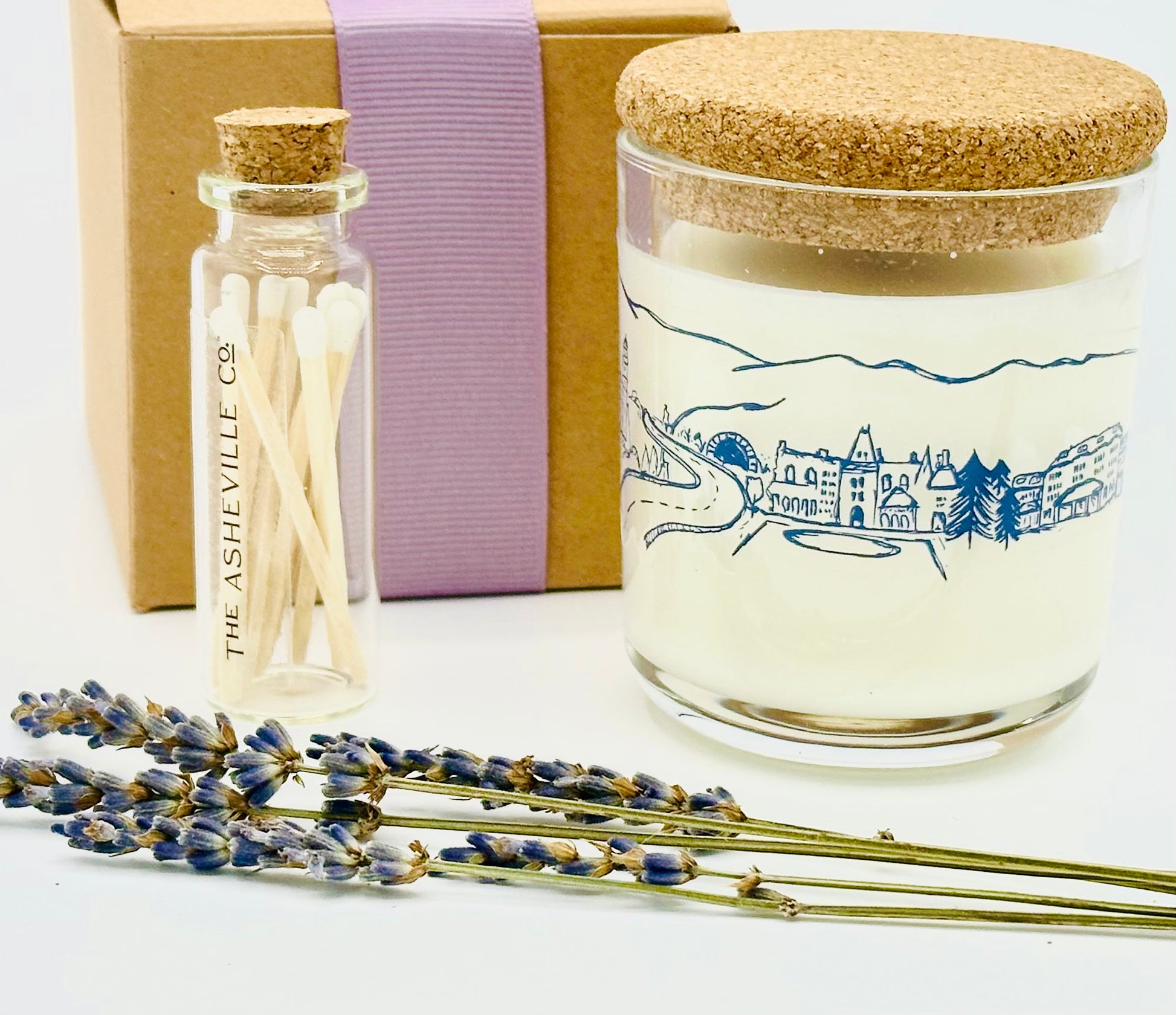 Asheville Candle Gift Box with ribbon and matches 