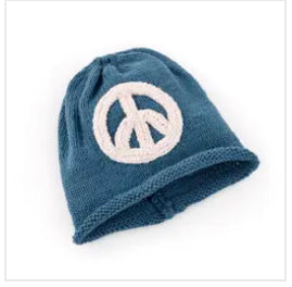 Hand knit blue beanie hat with rose peace sign for babies - The ASHEVILLE Co. TM
