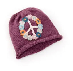 Hand knit berry beanie hat with floral peace sign for babies - The ASHEVILLE Co. TM