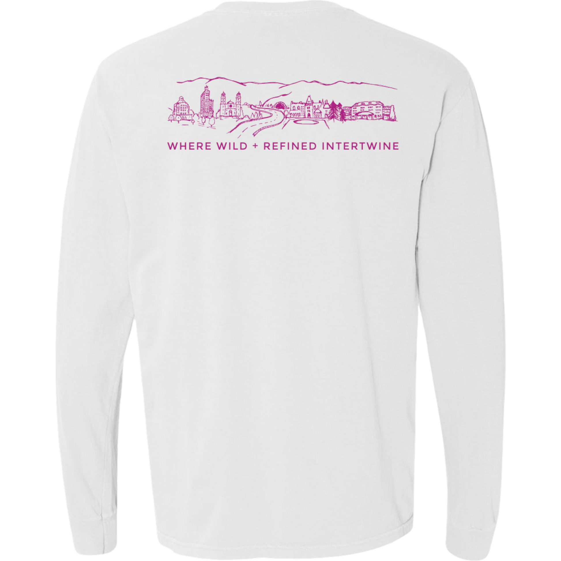 ASHEVILLE Cityscape Long Sleeved T-Shirt in White & Rhododendron Pink - The ASHEVILLE Co. TM