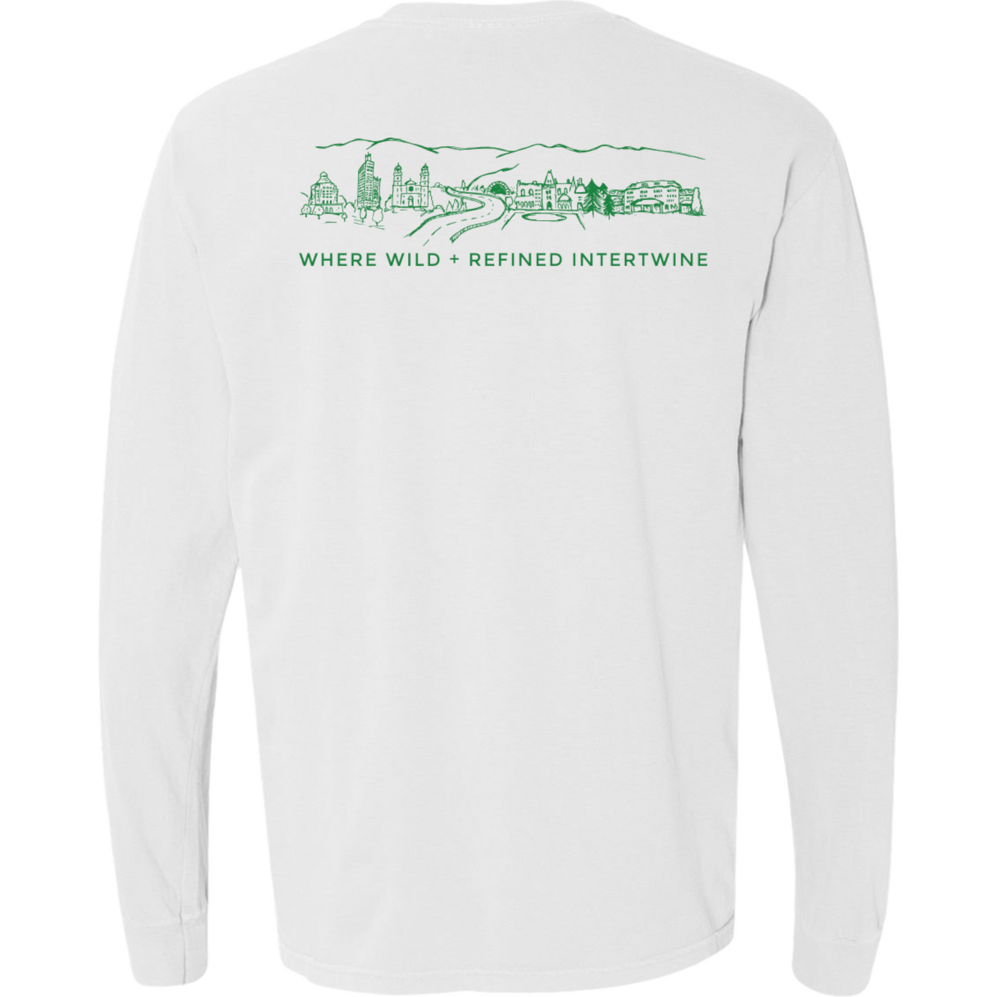 ASHEVILLE Cityscape Long Sleeved T-Shirt in White & Pisgah Green - The ASHEVILLE Co. TM