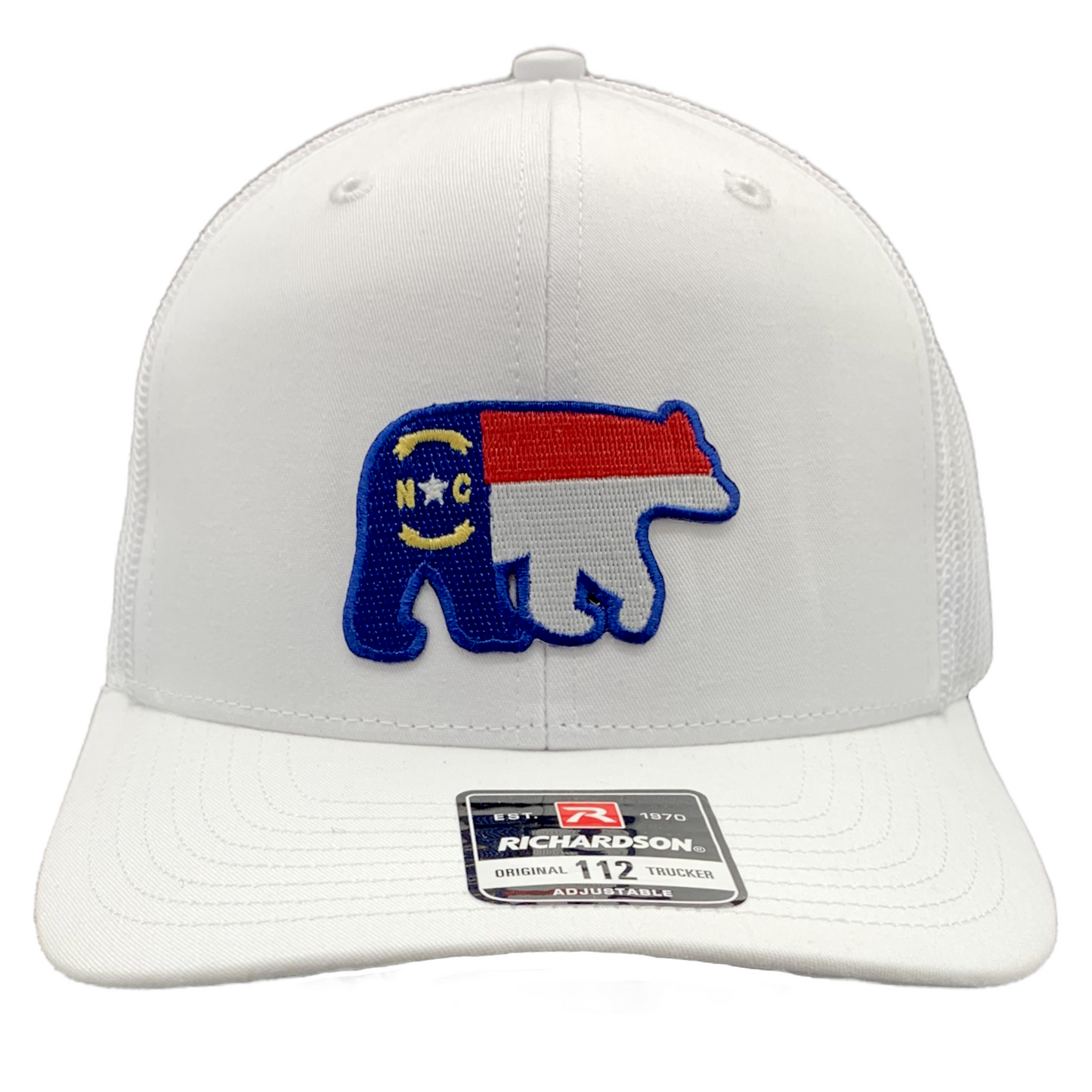 North Carolina Flag and Bear Silhouette Patch Trucker Baseball Hat in White - The ASHEVILLE Co. TM