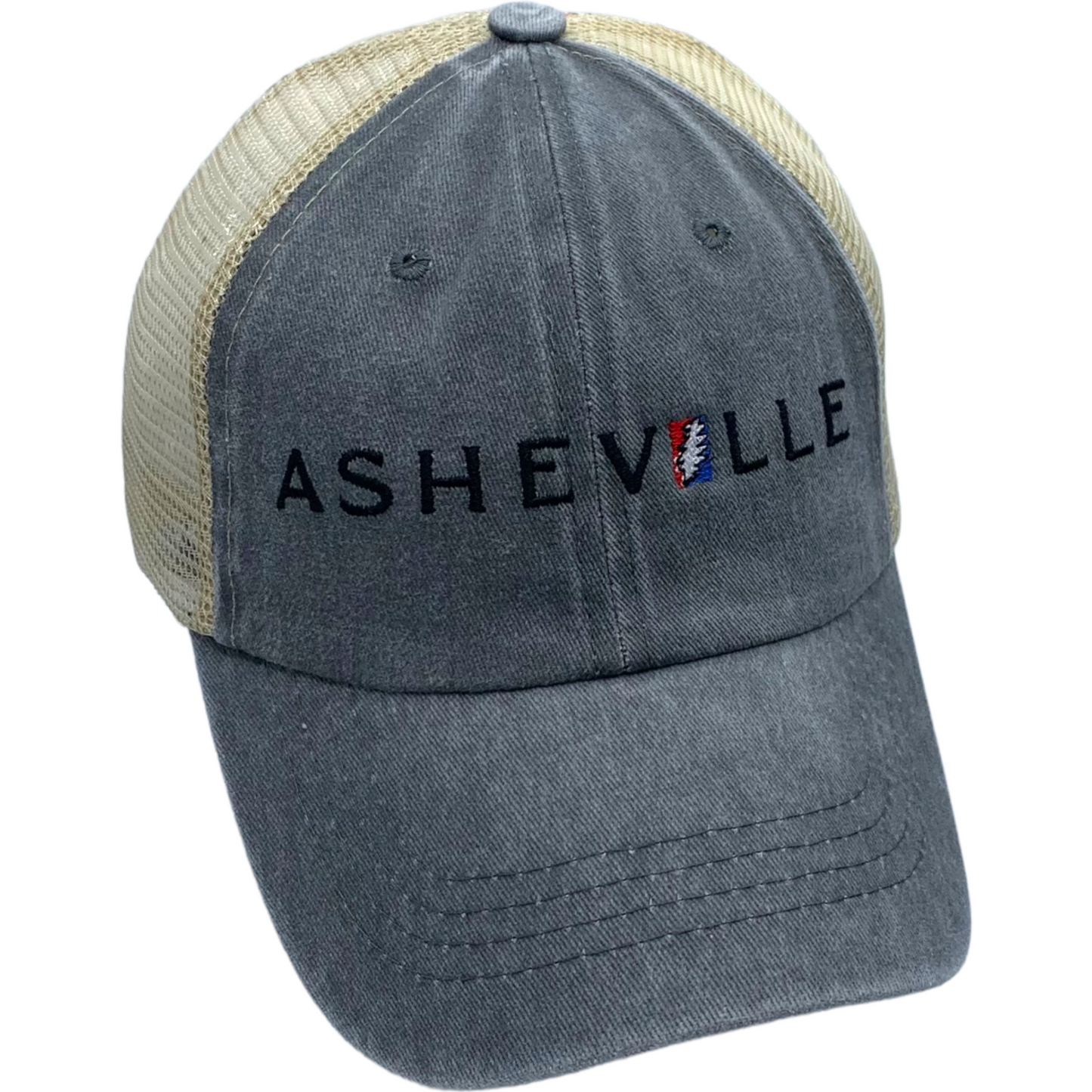 Vintage-style ASHEVILLE Trucker Baseball Hat with Grateful Dead Bolt in Space Gray - The ASHEVILLE Co. TM