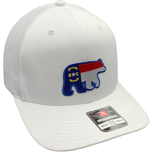 North Carolina Flag and Bear Silhouette Patch Trucker Baseball Hat in White - The ASHEVILLE Co. TM